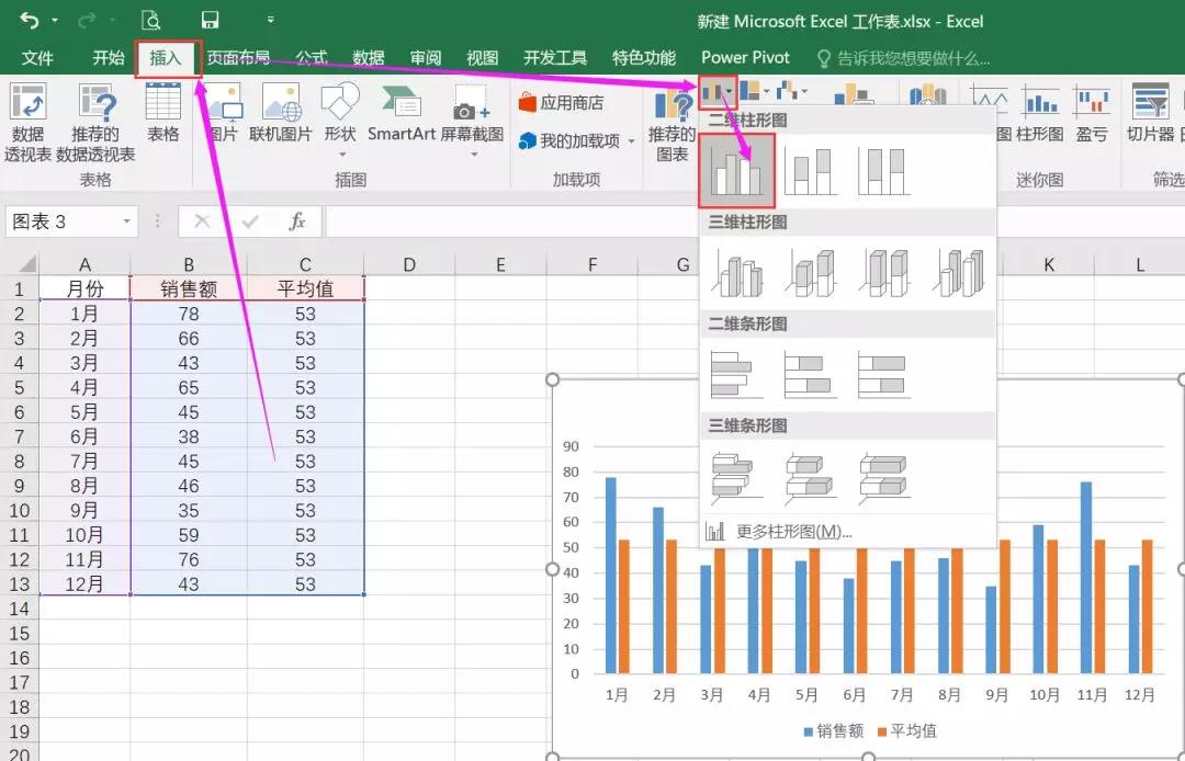 excel制作带平均值线的柱形图