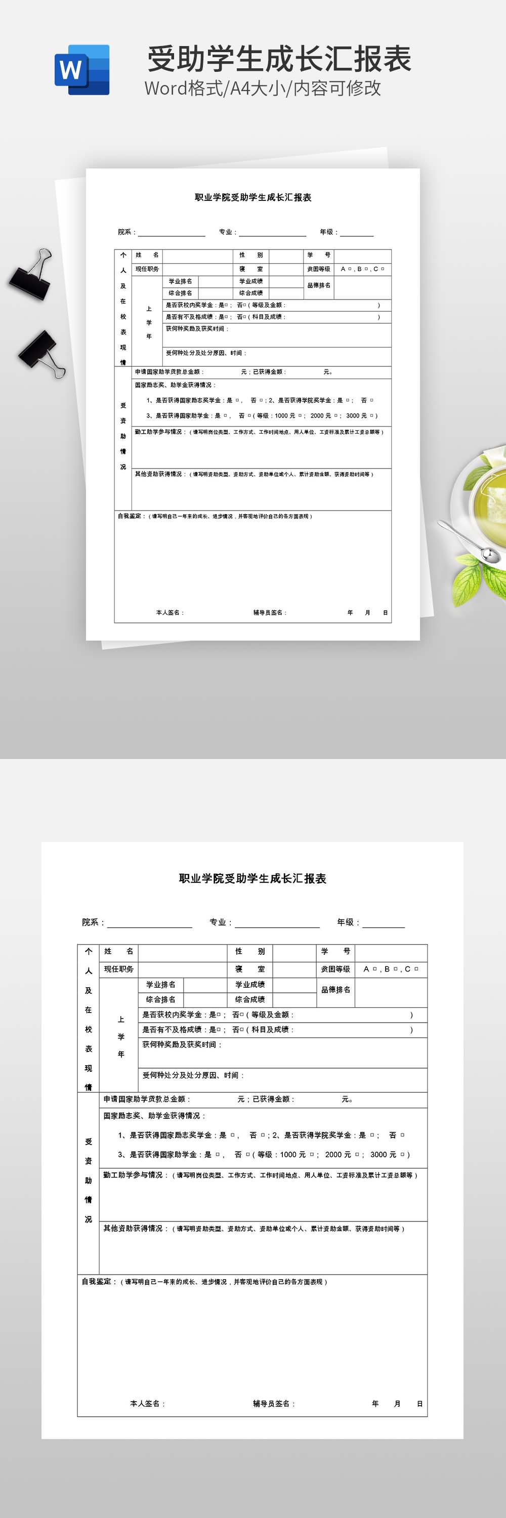 职业学院受助学生成长汇报表