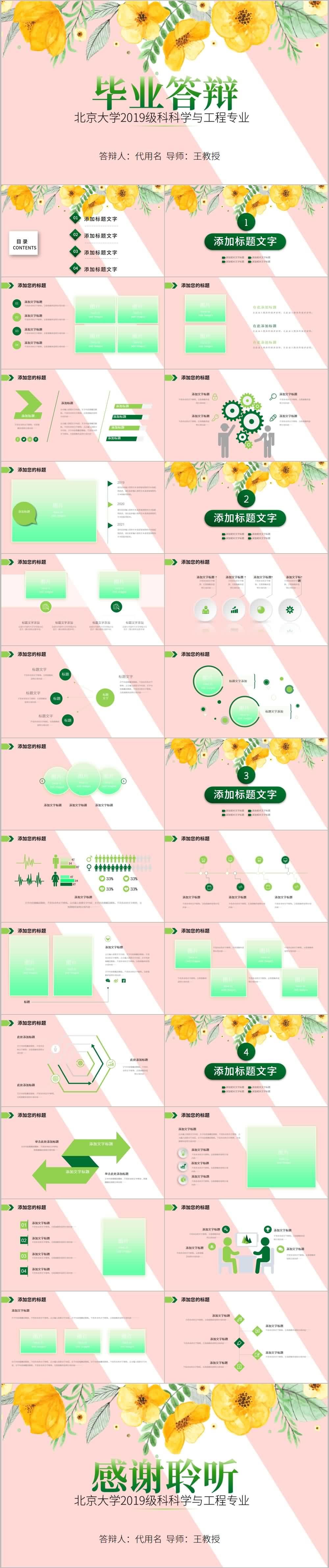 粉色花朵主题小清新毕业答辩PPT模板