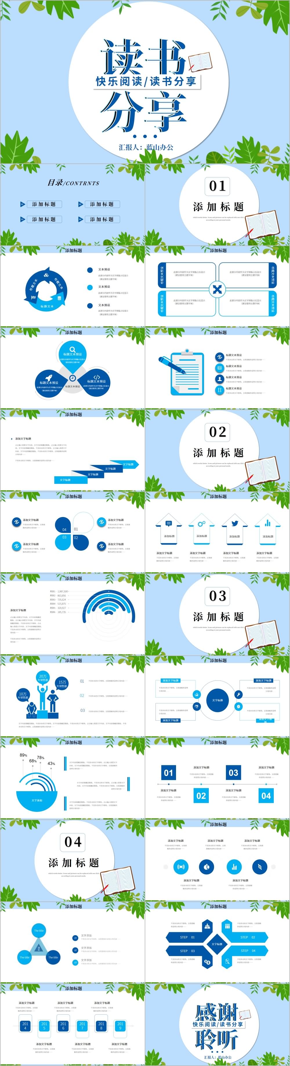 深蓝浅蓝快乐阅读读书分享PPT模板