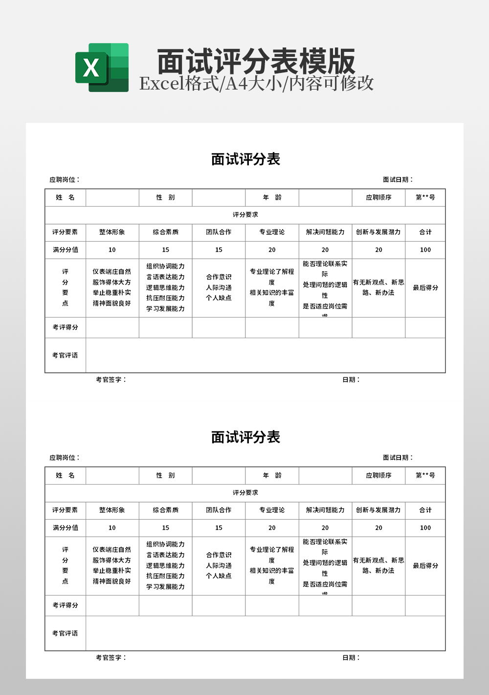 excel面试评分表模板