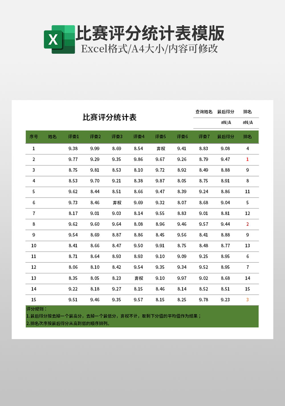 比赛评分统计表模板