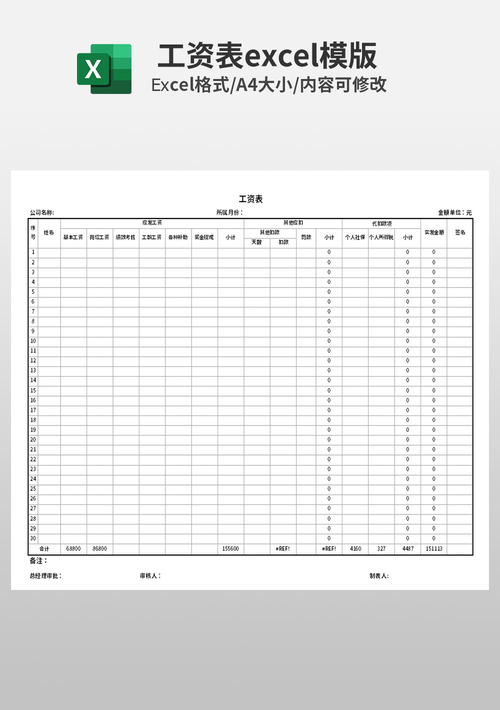 員工工資表Excel模板