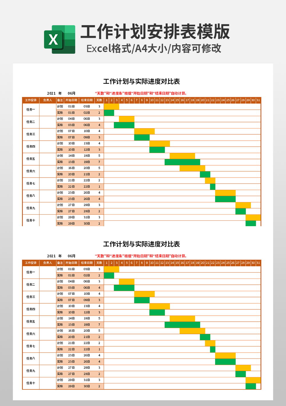 工作计划与实际进度对比表模板