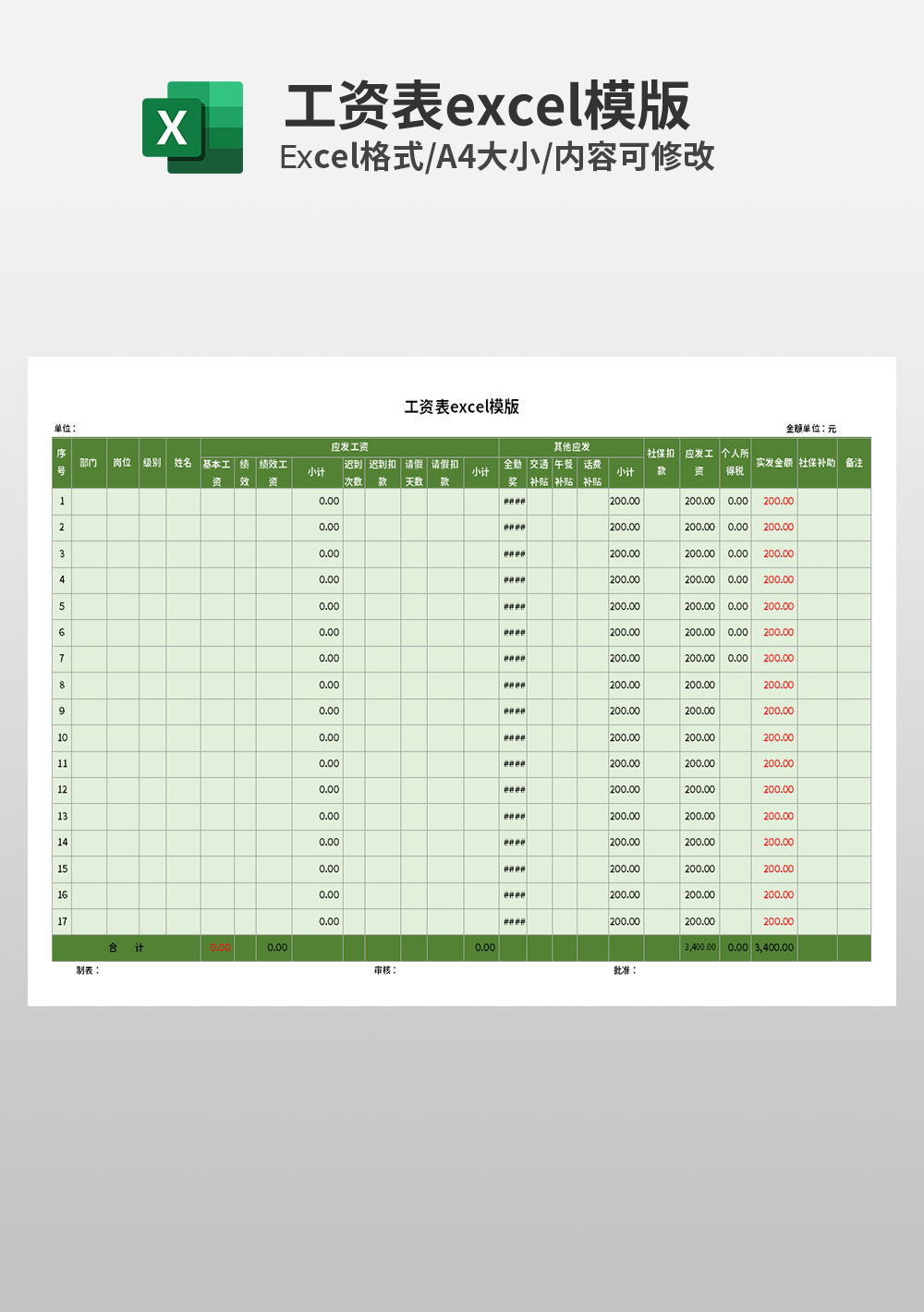 含补贴月度财务工资表Excel模板