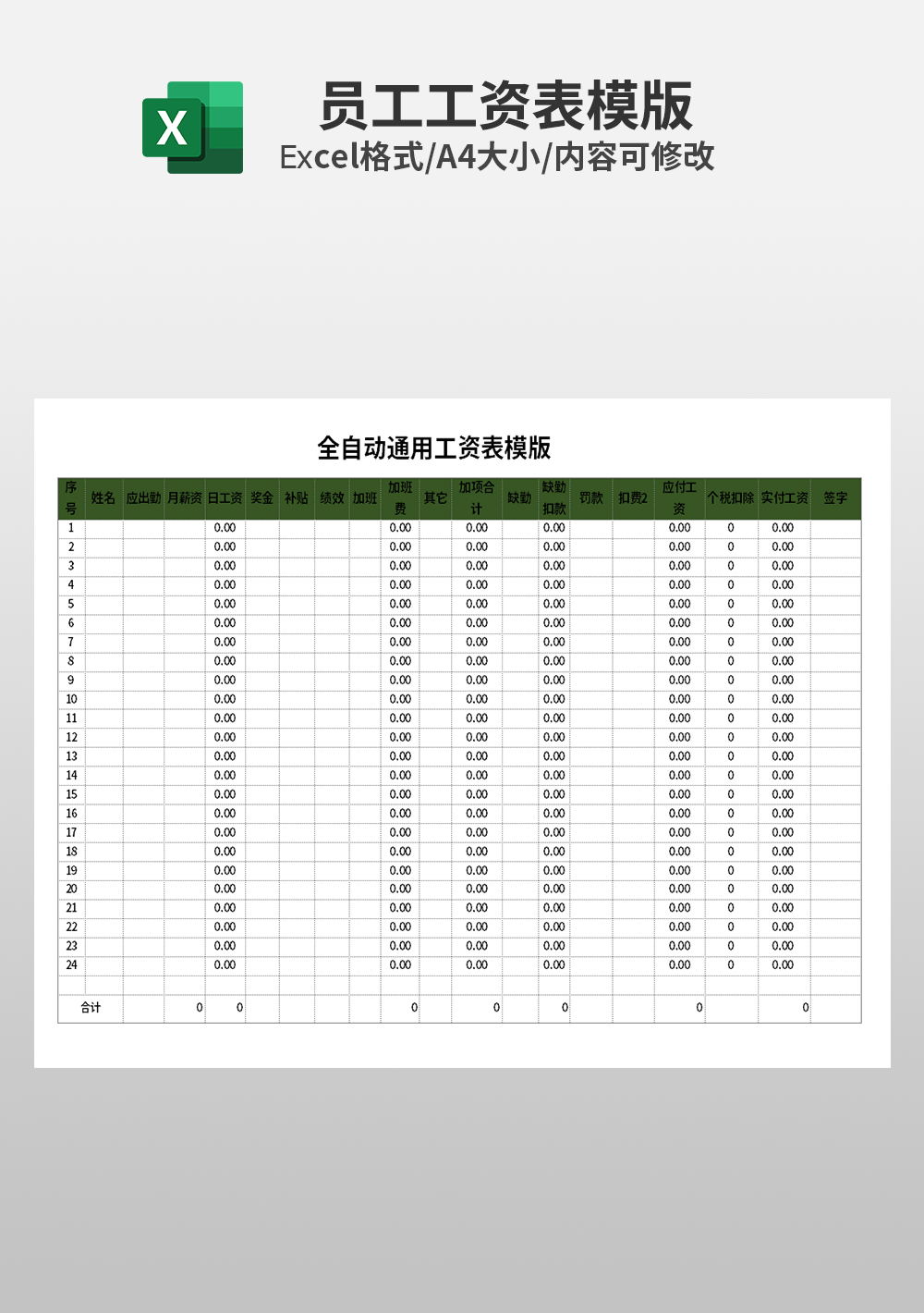 人事表格全自动通用工资表模板