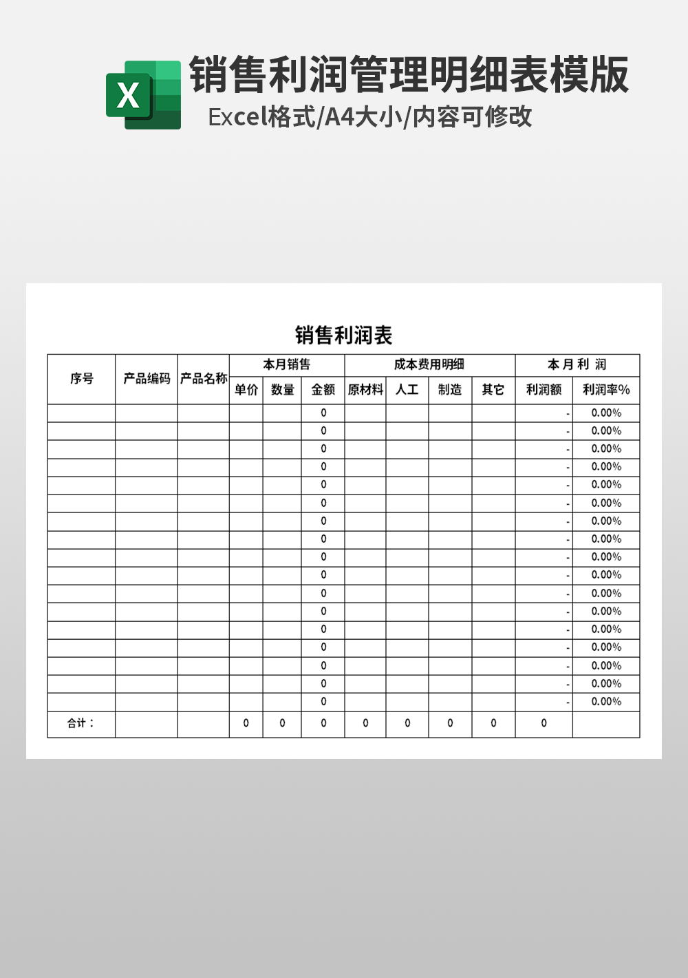 产品销售利润管理明细表Excel模板