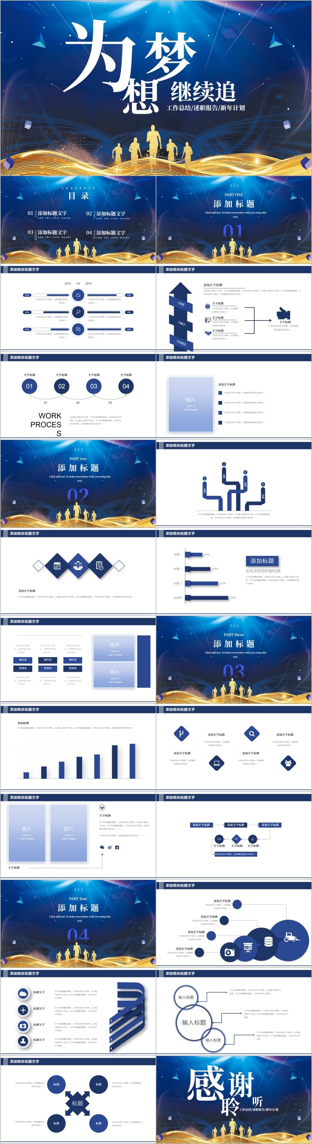 蓝金色为梦想继续追战工作总结年终汇报PPT模板