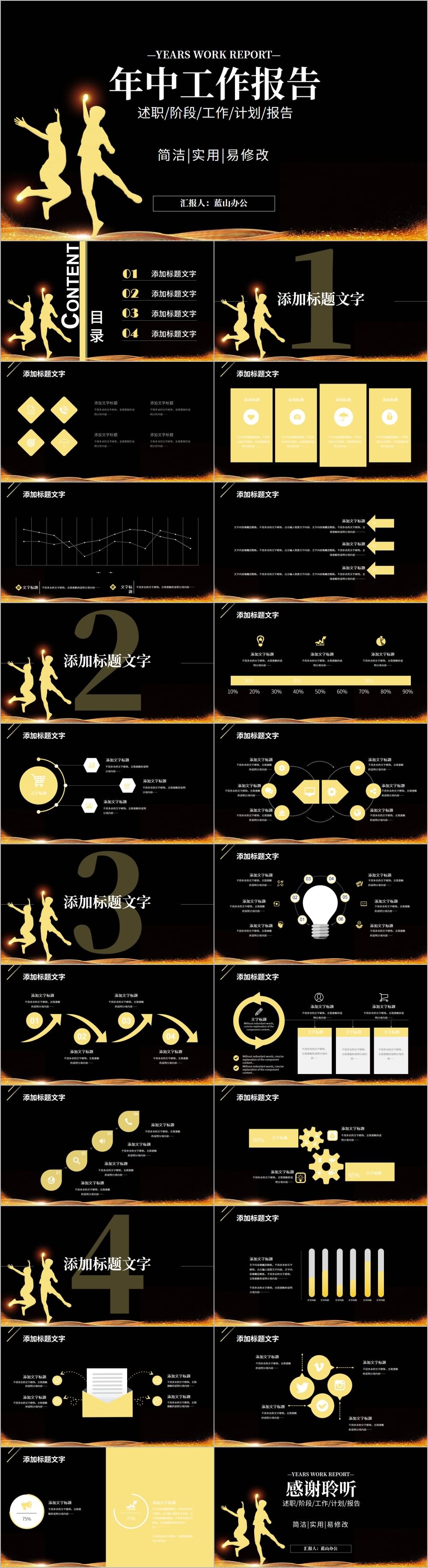 黑+黄青春活泼年中工作报告PPT模板