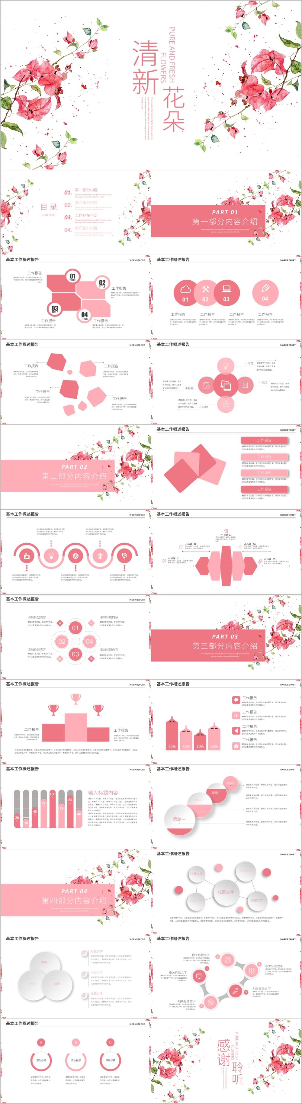 文艺清新花朵工作总结汇报计划ppt模板