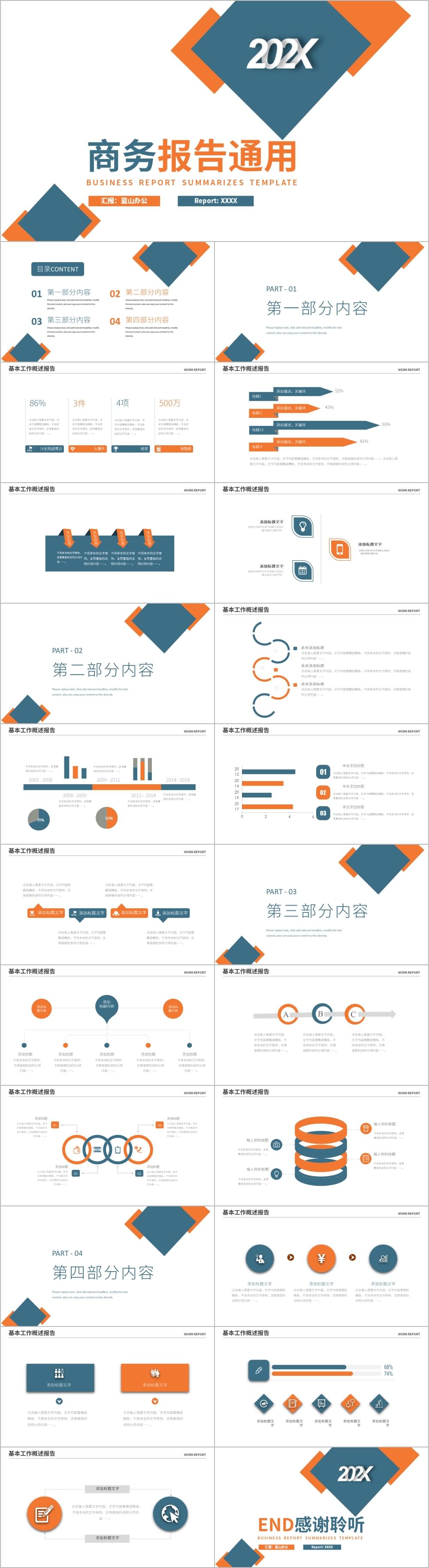 蓝橙色商务通用报告工作总结汇报PPT模板