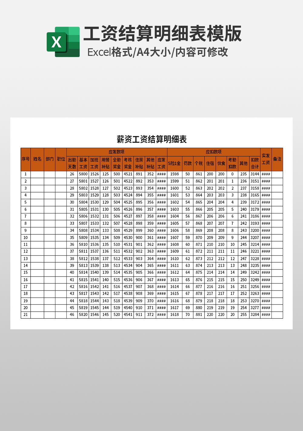 薪资工资结算明细表模板