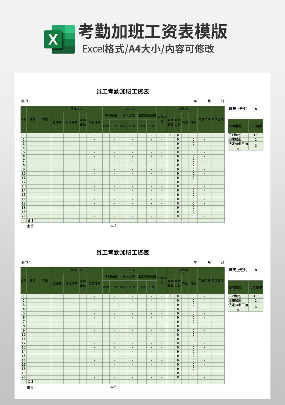 人事部员工考勤加班工资表模板