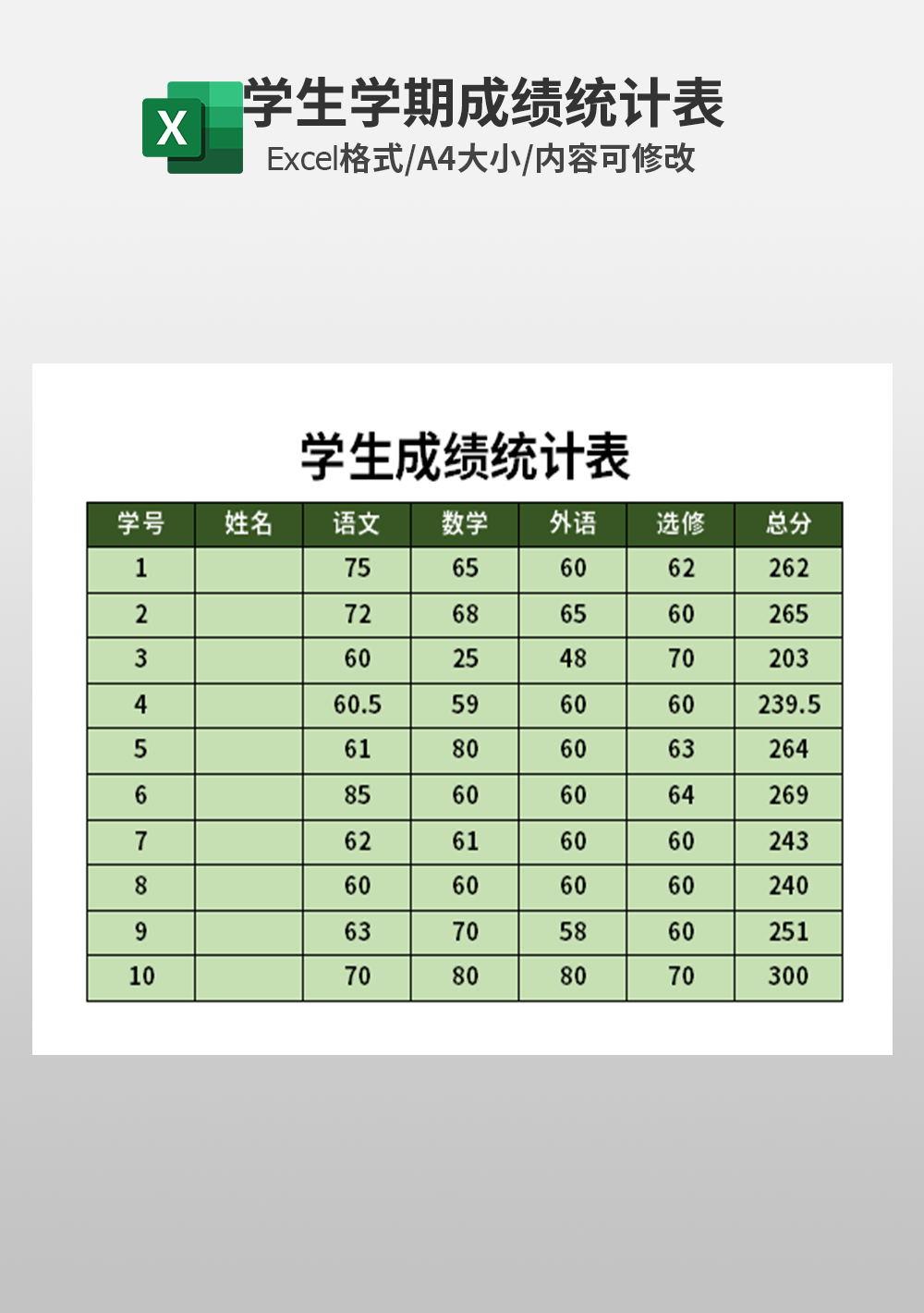 学生期中成绩统计表模板