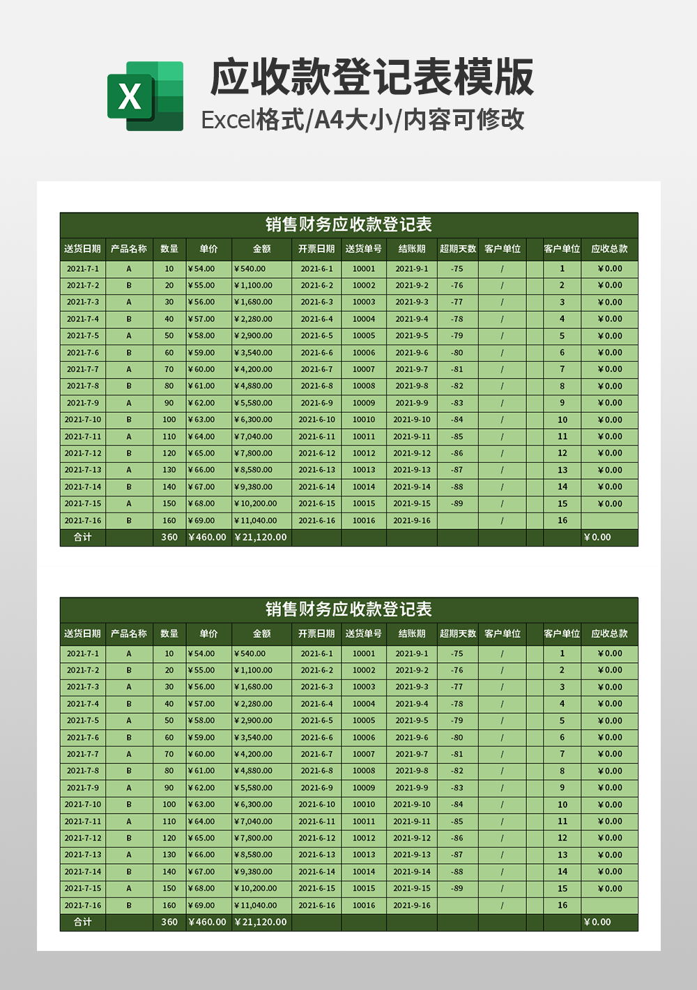 销售财务应收款登记表模板