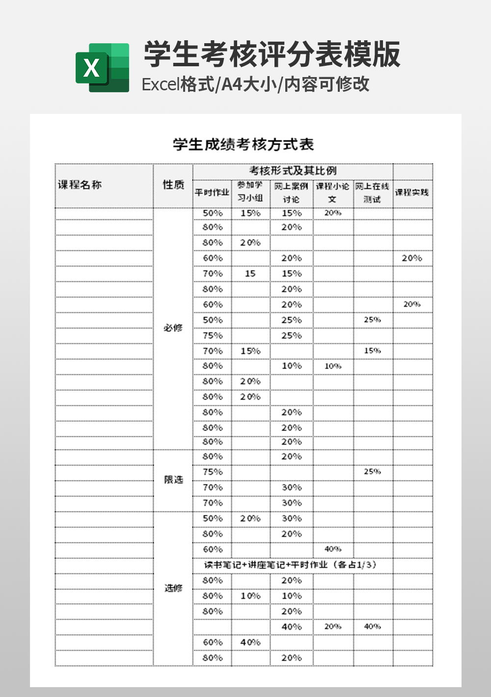 學(xué)生成績考核方式表模板
