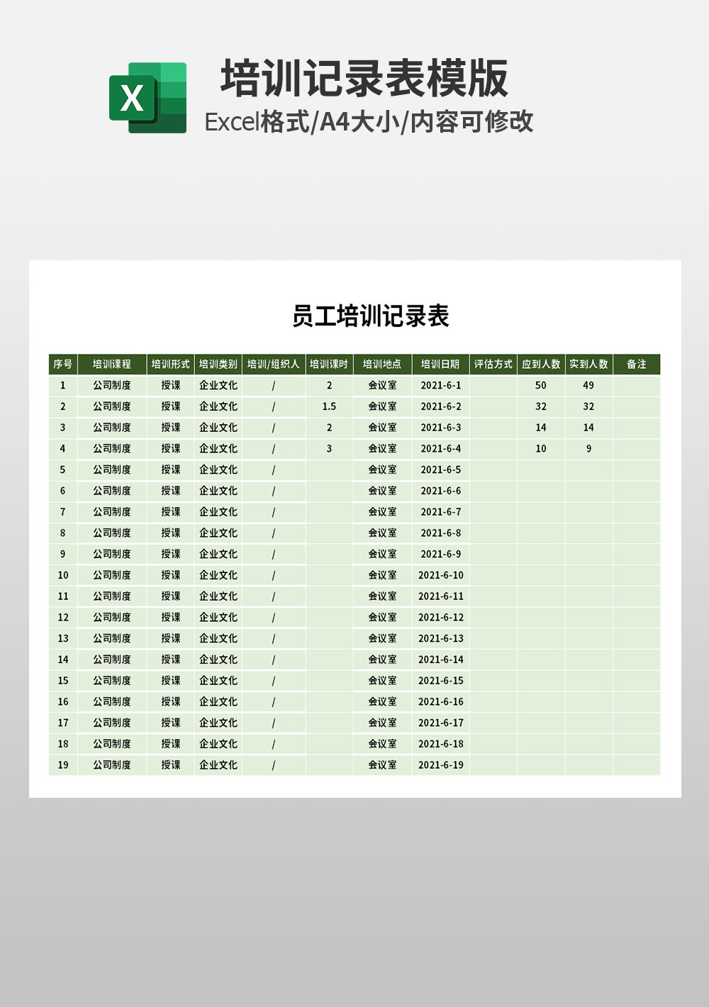 通用企业员工培训记录表模板