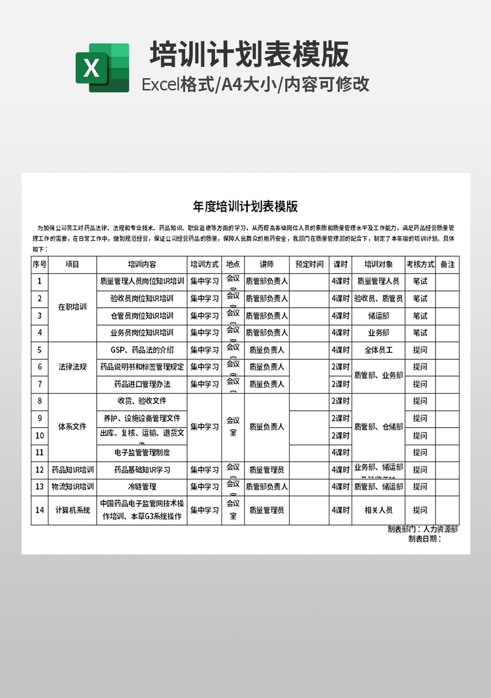 企业公司年度培训计划表模板