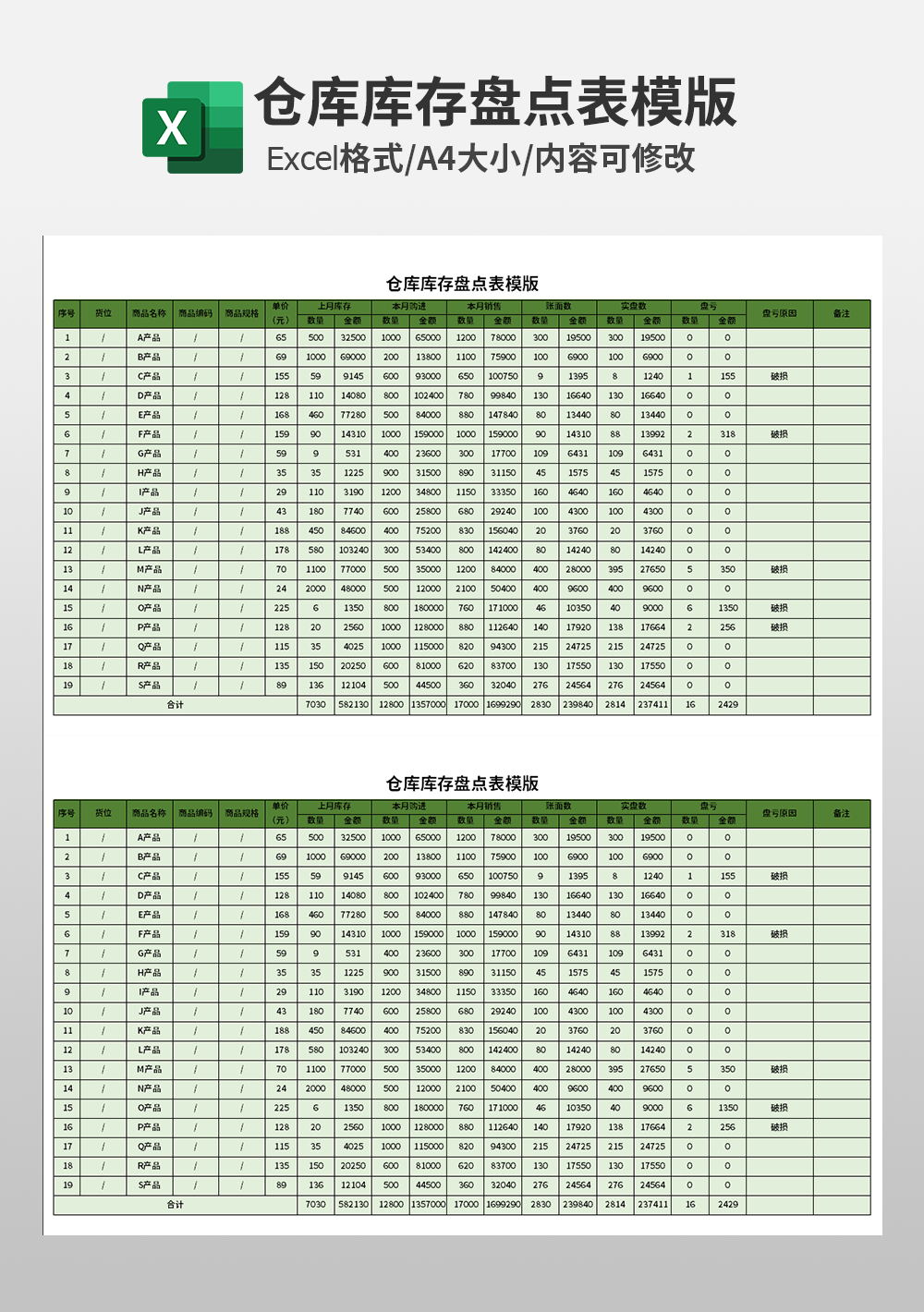 通用公司仓库库存盘点表模板