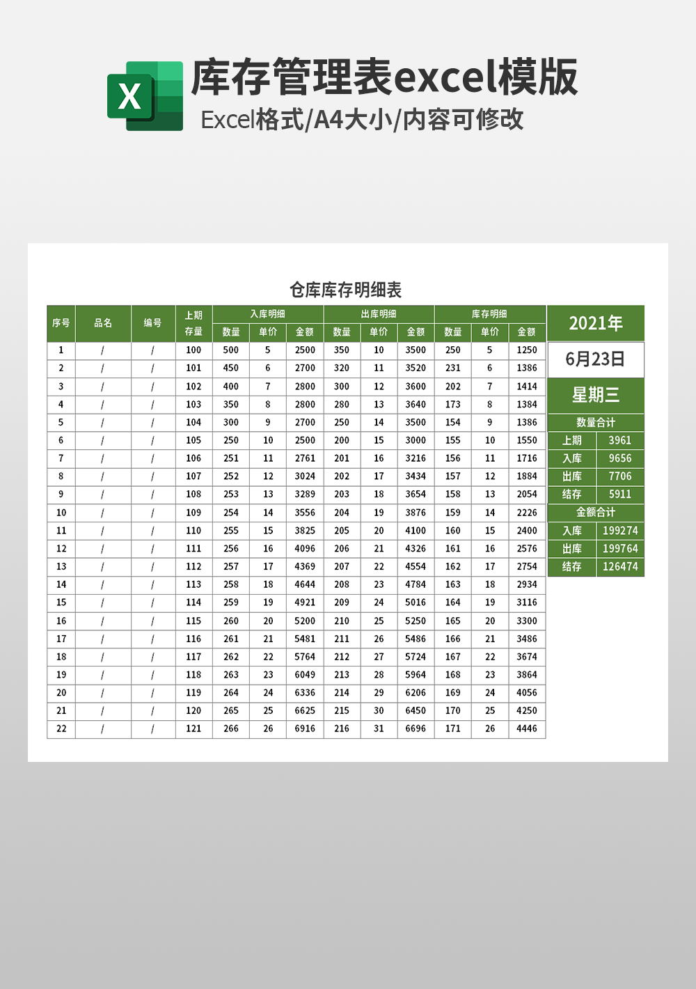 通用销售仓库库存明细表模板