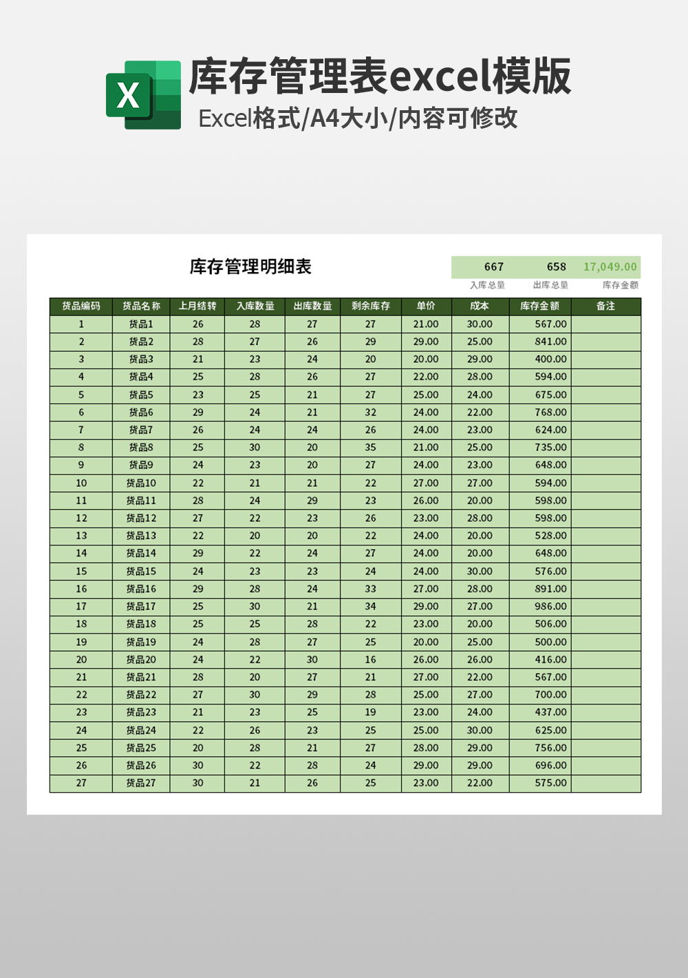 仓库库存管理明细表模板