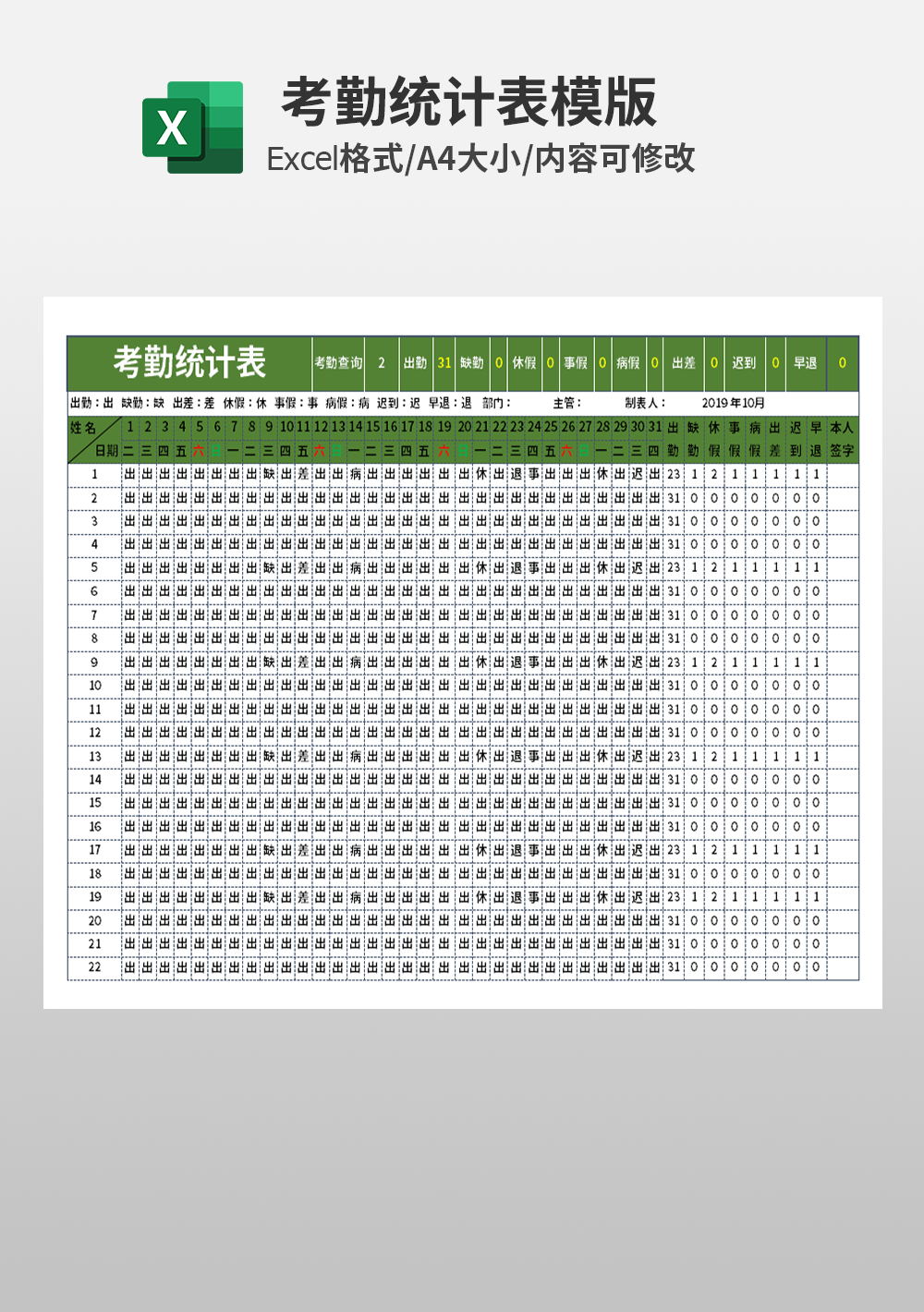 公司行政人事部考勤统计表模板