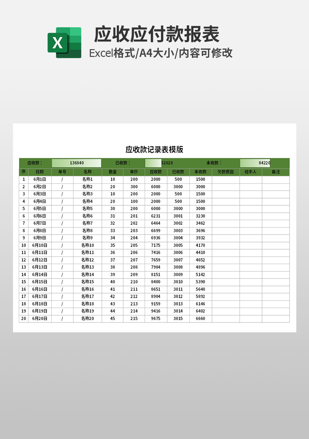 财务会计应收款记录表模板