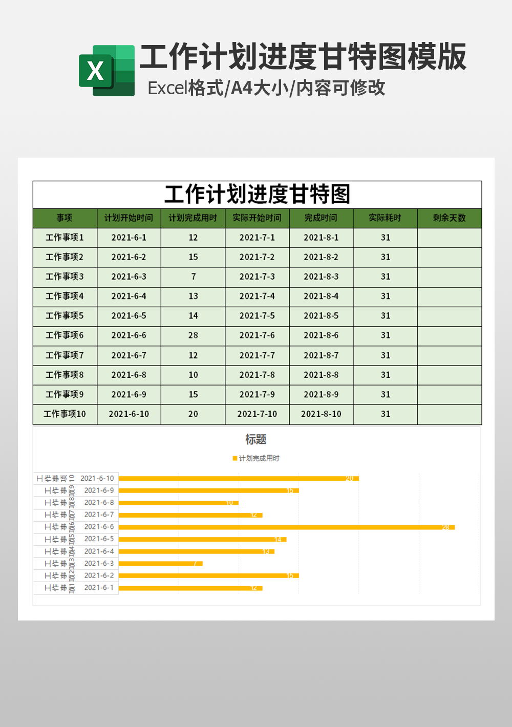 通用工作计划进度甘特图模板