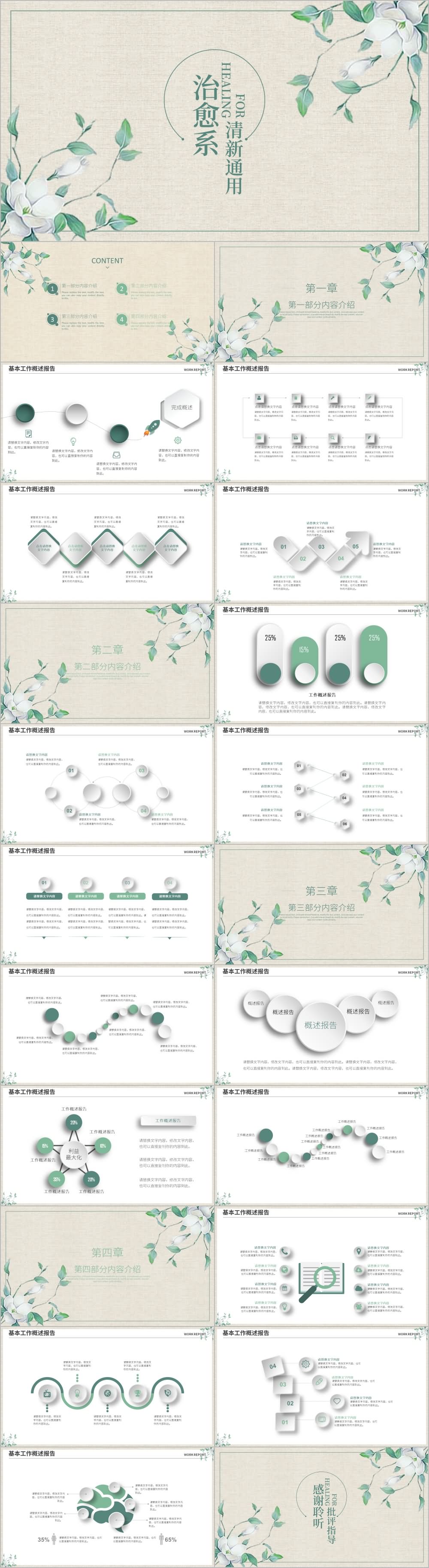 微立体治愈系绿色清新手绘花朵叶子PPT模板