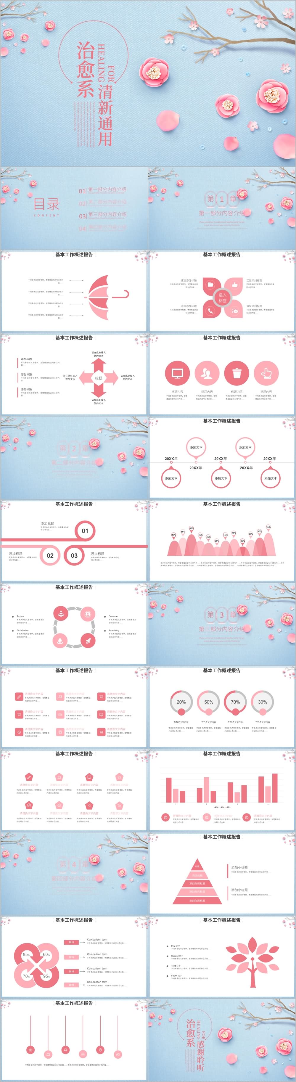 治愈系画风粉色花朵商务通用PPT模板