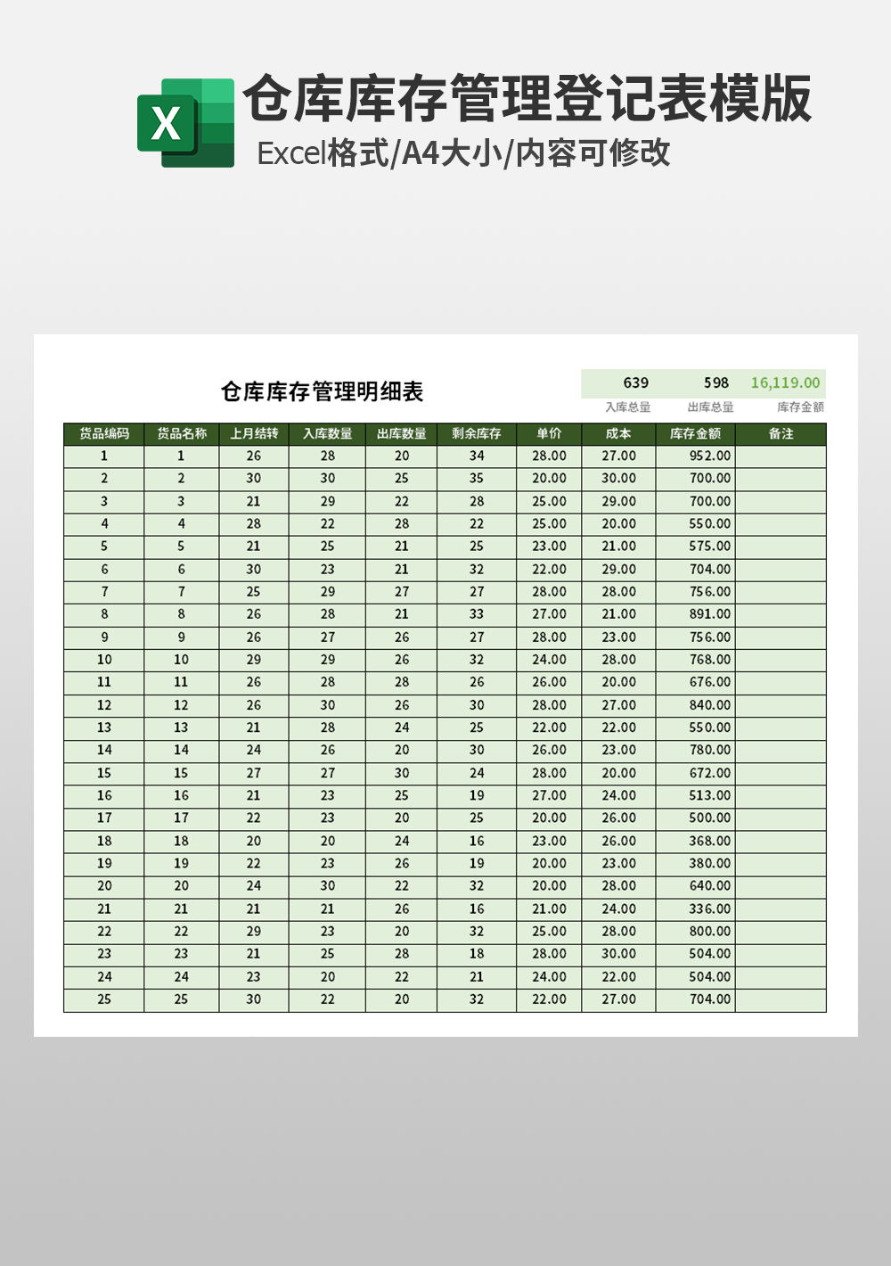 通用仓库库存管理明细表模板