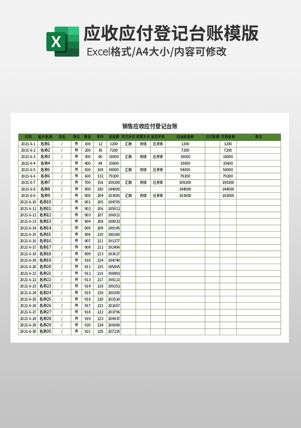 销售应收应付登记台账模板