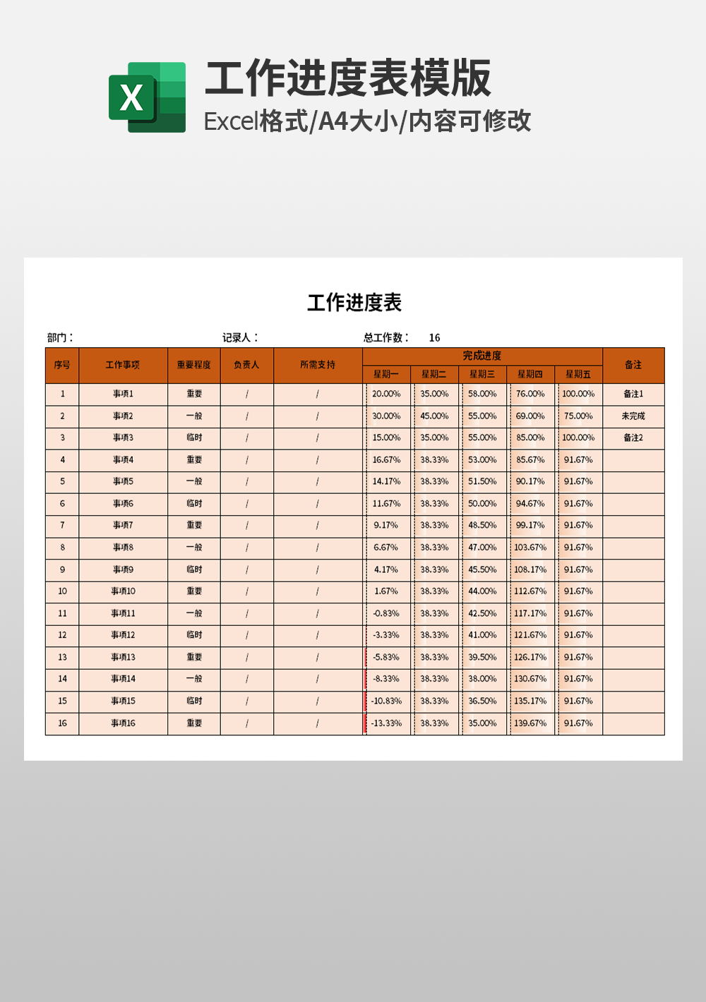 excel通用企业公司工作进度表模板