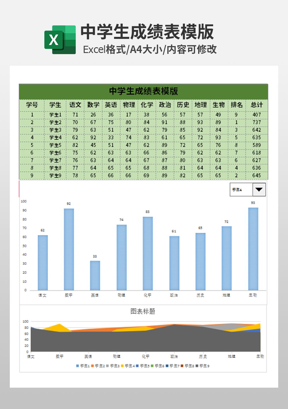 excel中学生成绩表模板