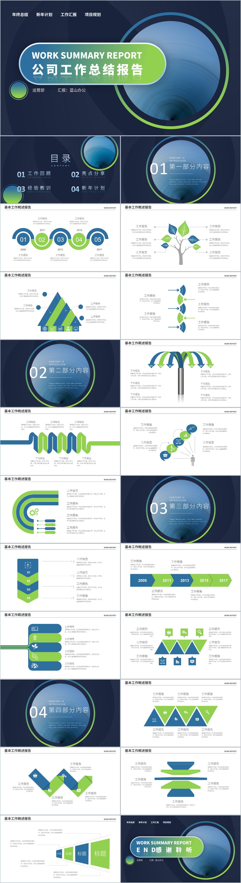 蓝绿色公司工作总结报告PPT模板