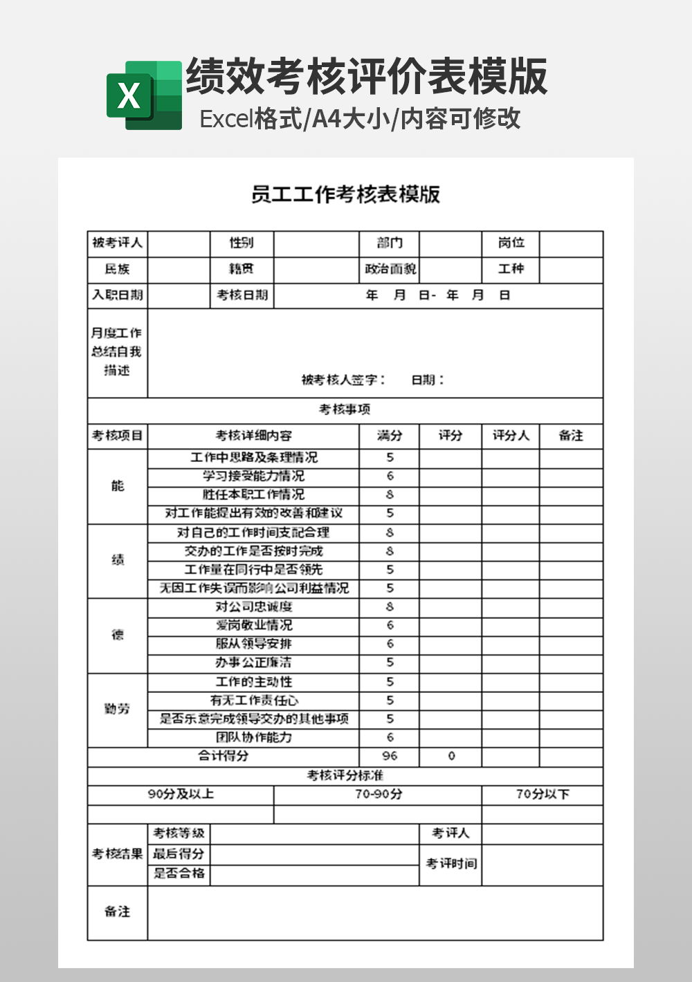excel员工工作考核表模板
