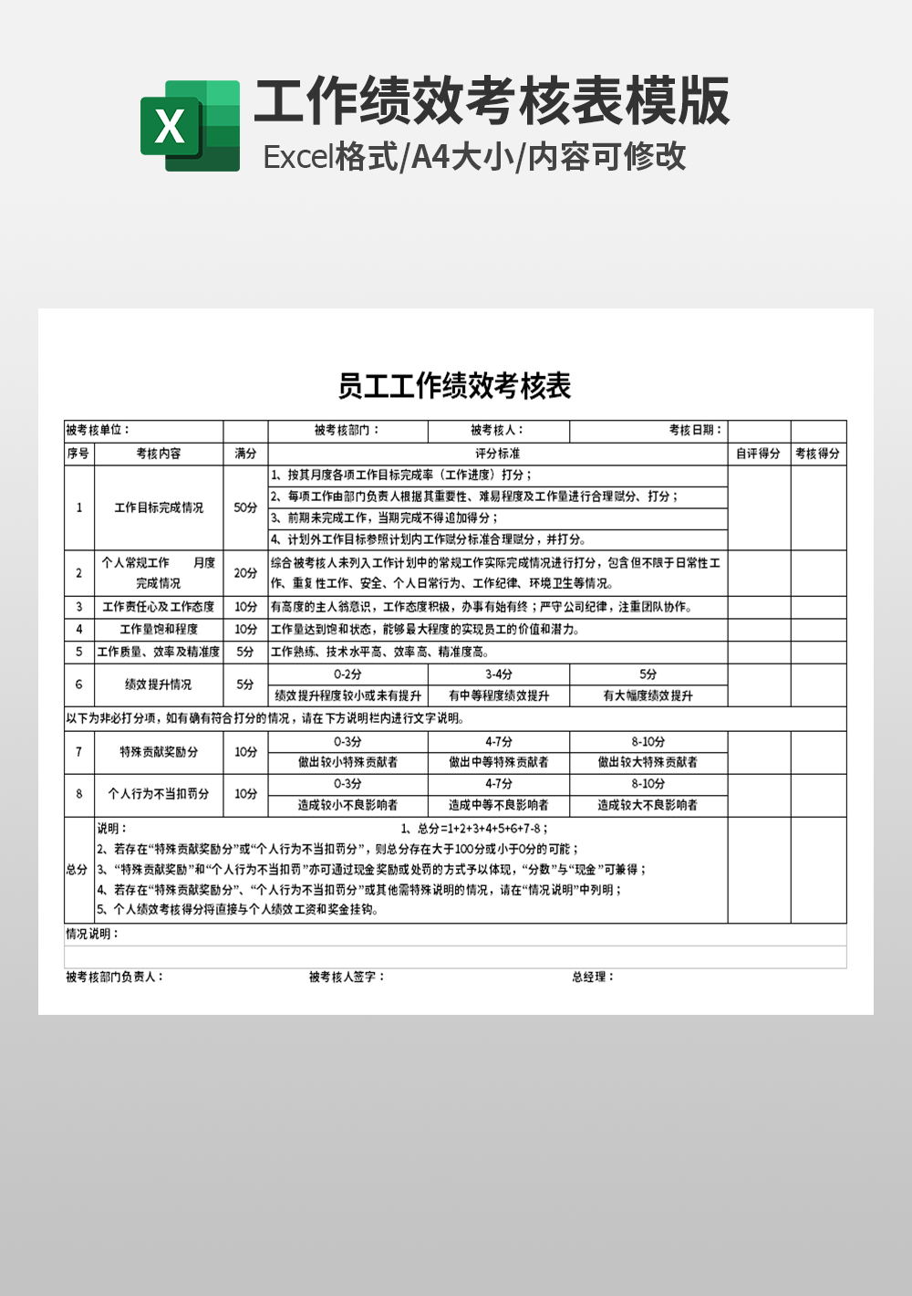 excel员工工作绩效考核表模板