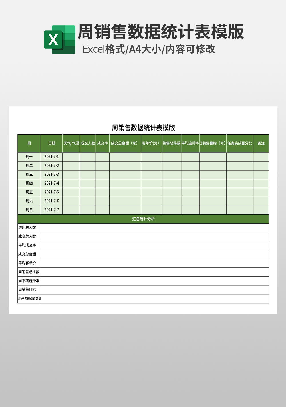 周销售数据统计表模板