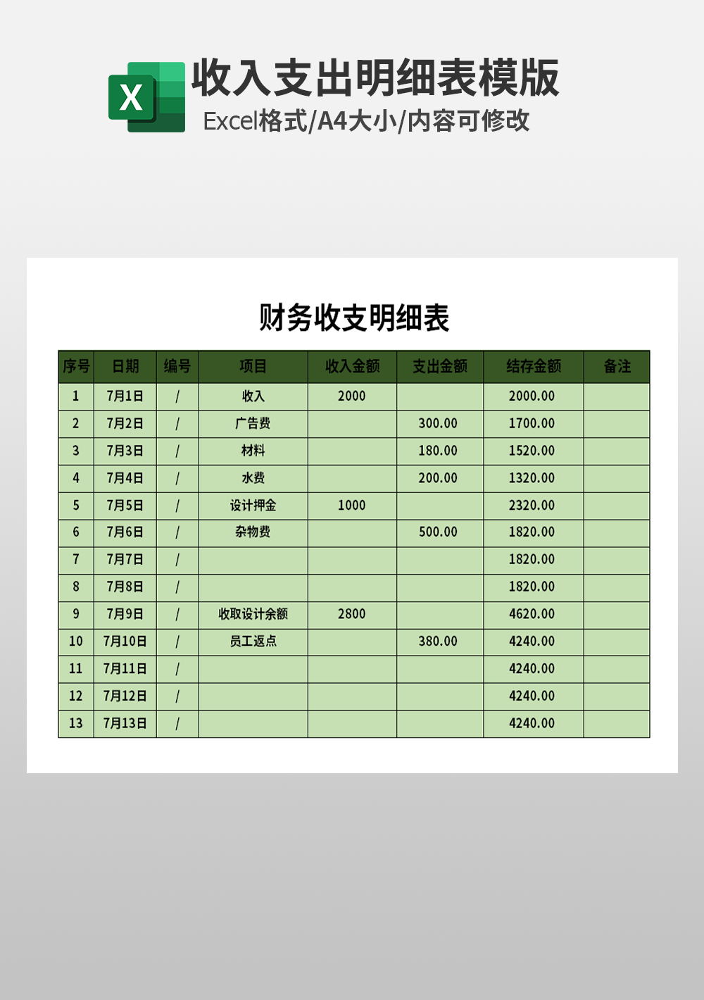 excel财务收支明细表模板