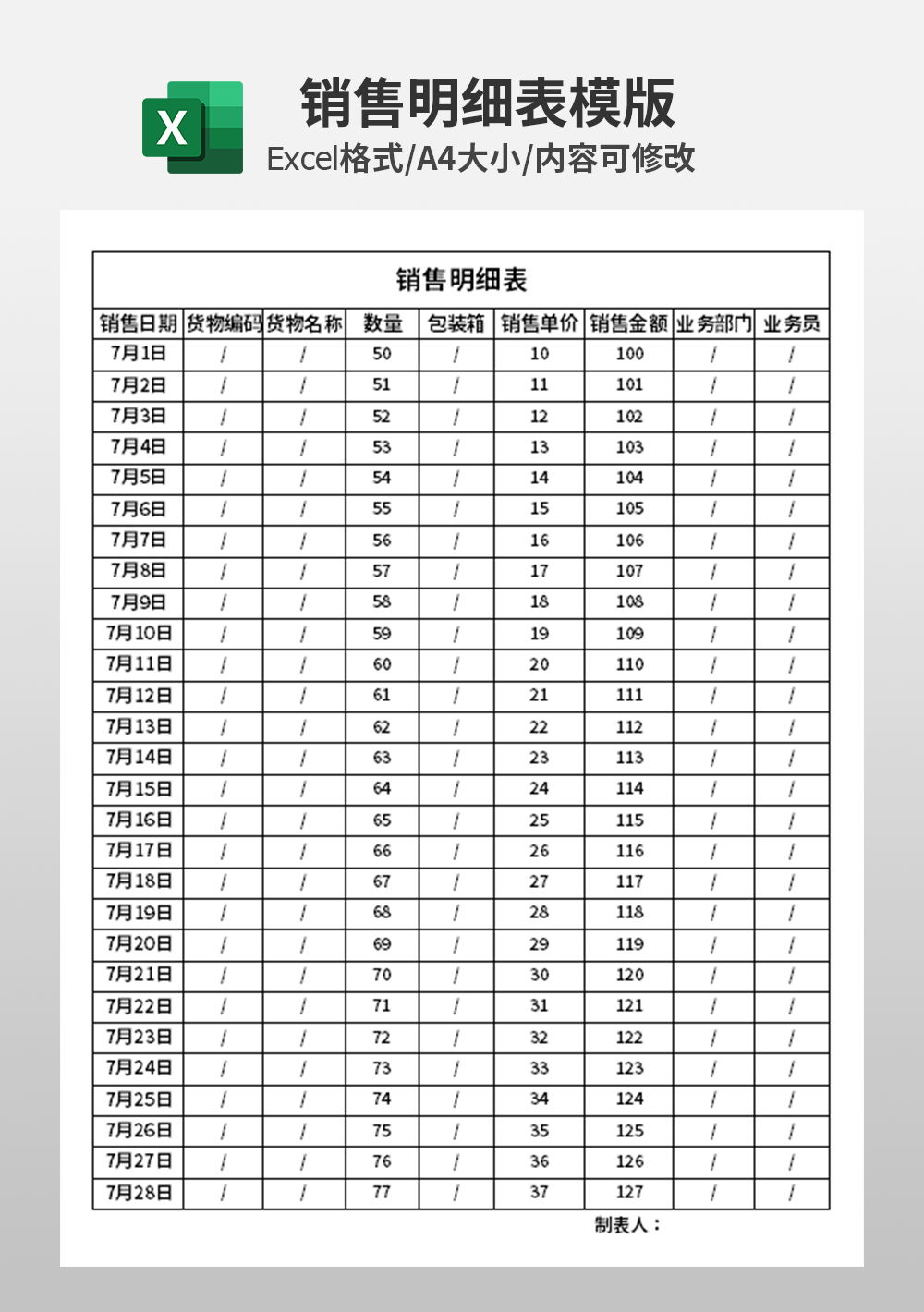 市场业务部销售明细表模板