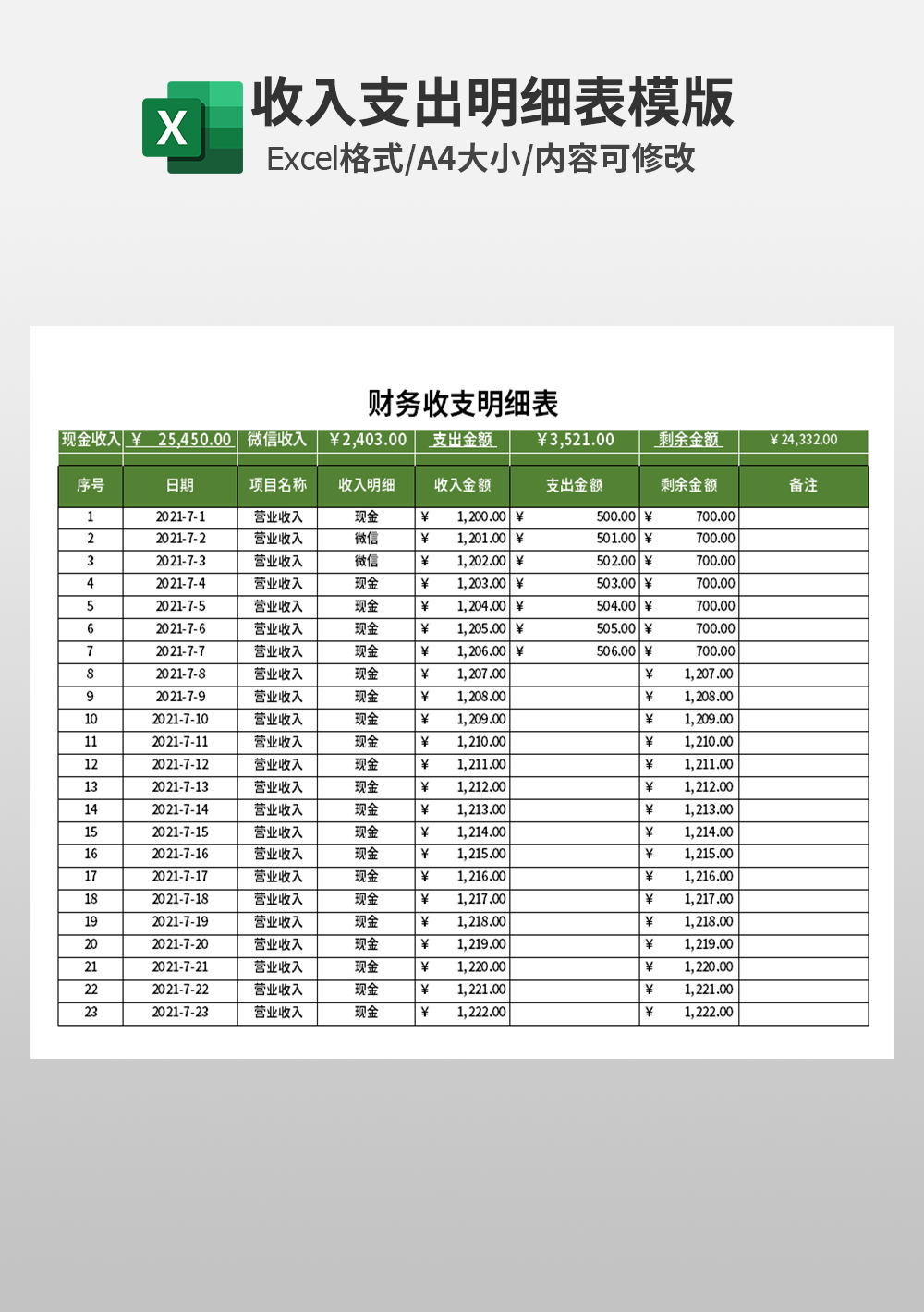 会计财务收支明细表excel模板