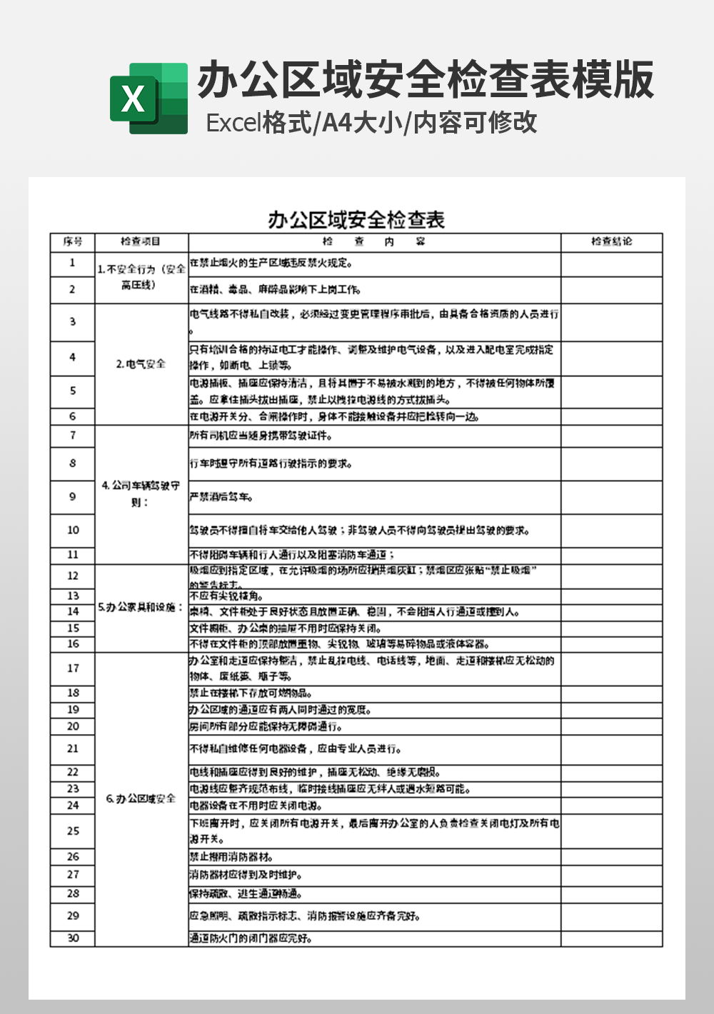 办公区域安全检查表模板