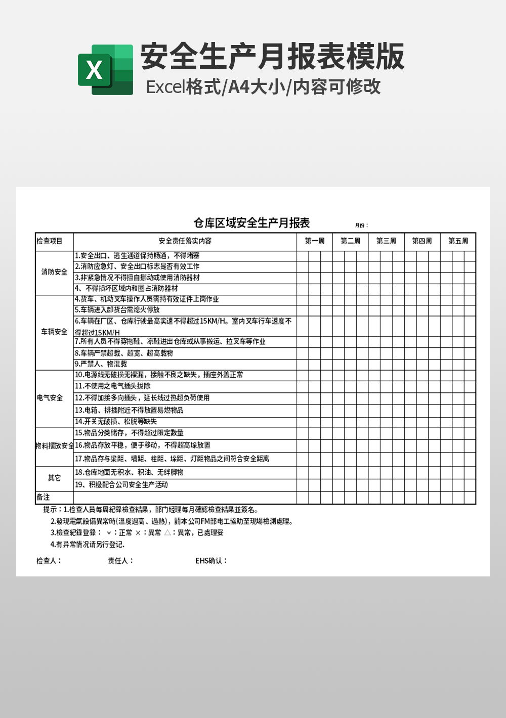 仓库区域安全生产月报表模板