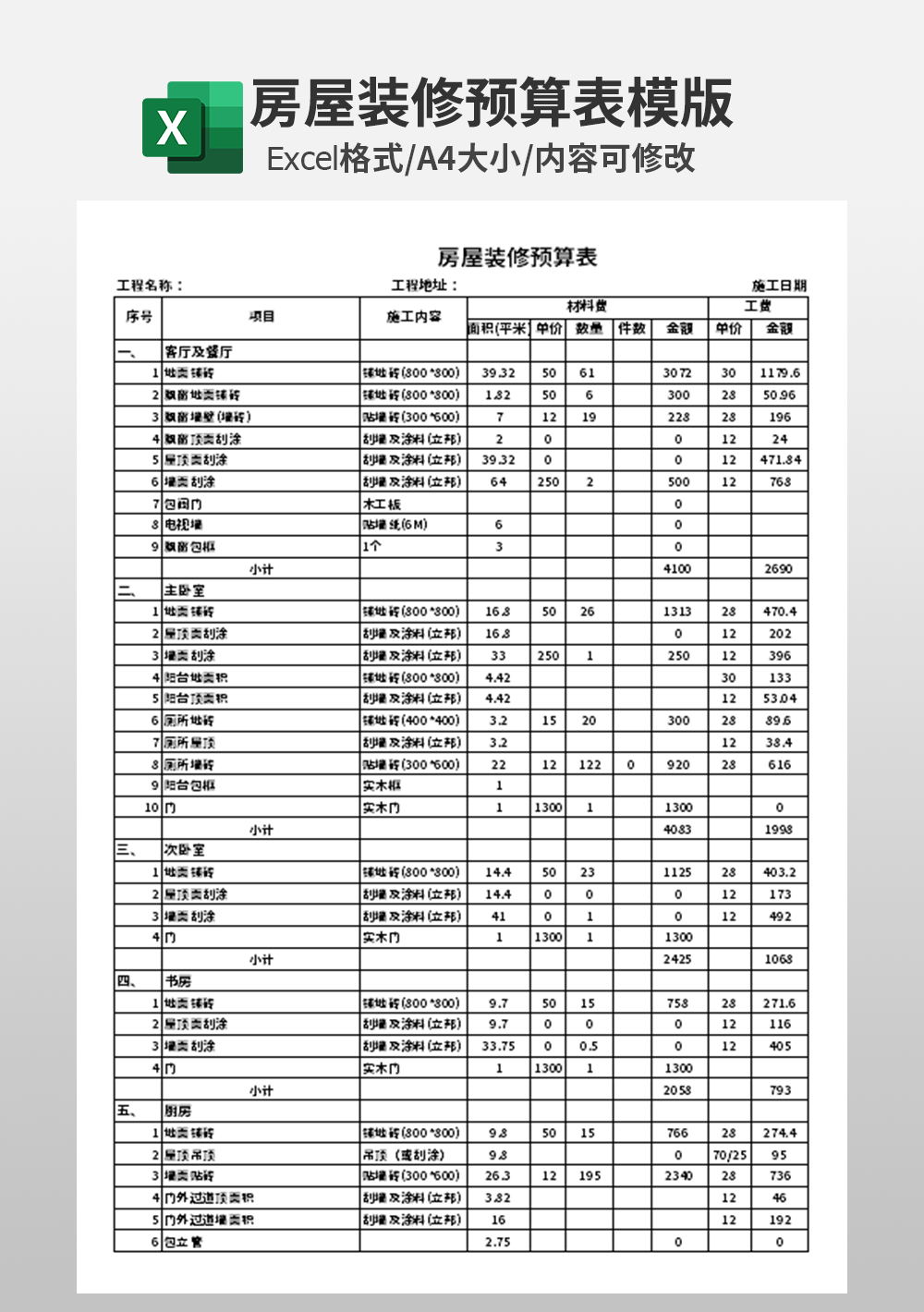 住宅房屋装修预算表模板