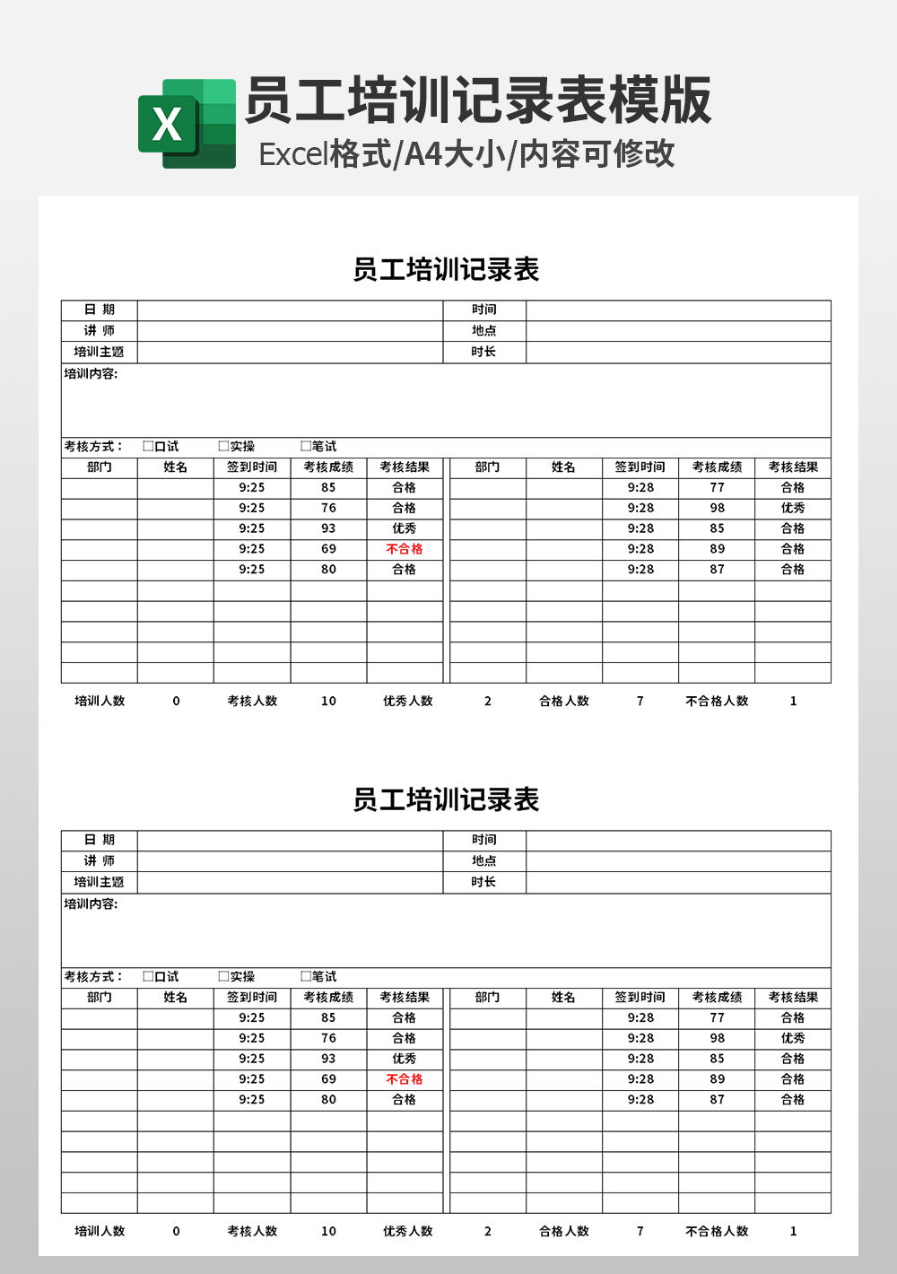 公司员工培训记录表模板