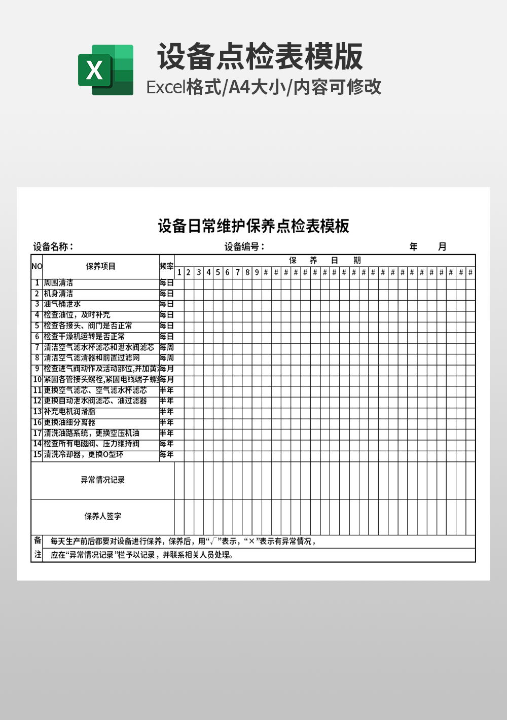 设备日常维护保养点检表模板