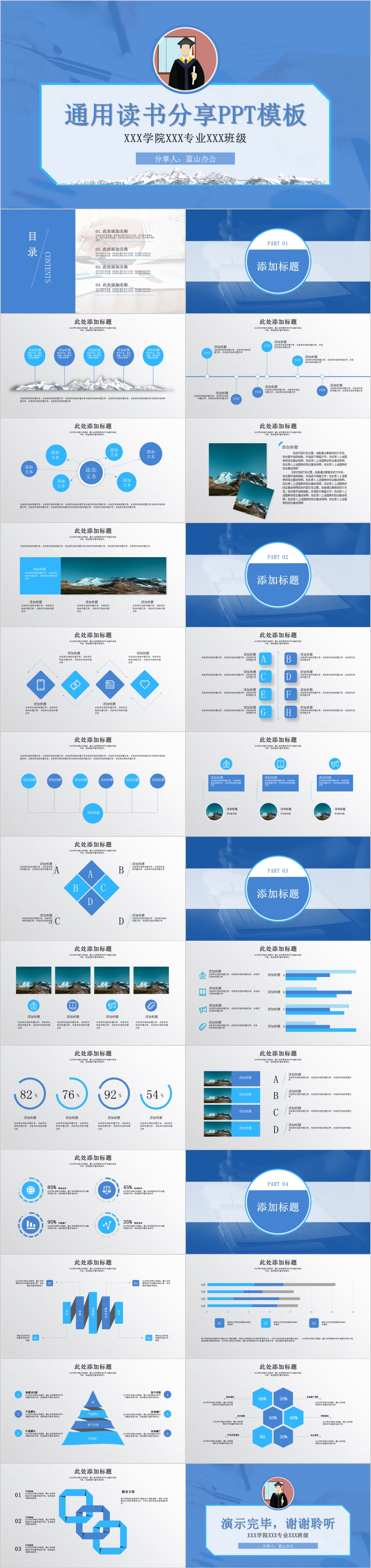 蓝色卡通人物通用读书分享PPT模板