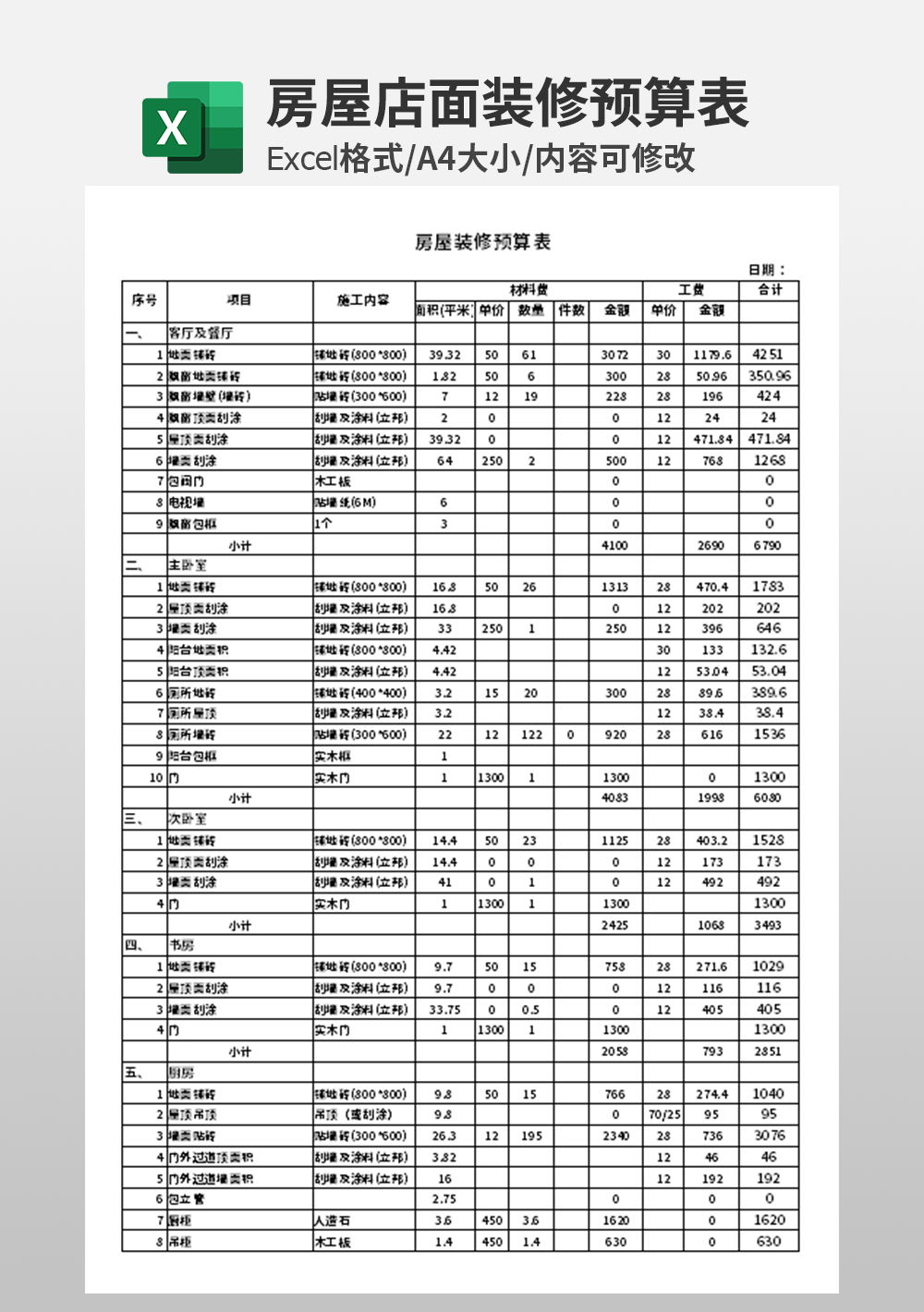 通用住宅房屋装修预算模板