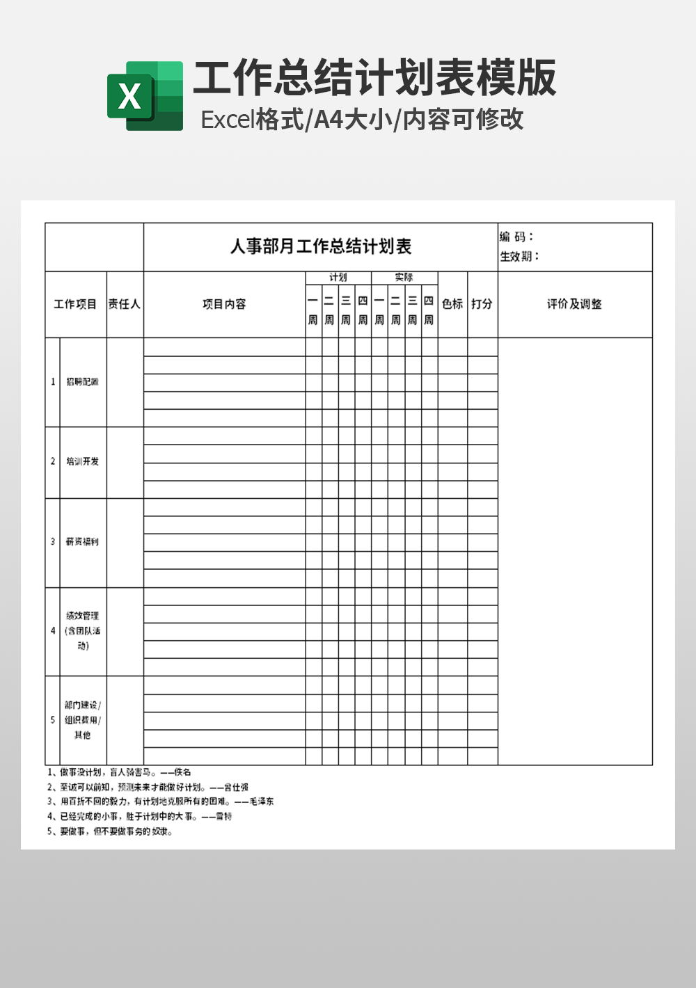 人事部月工作总结计划表模板