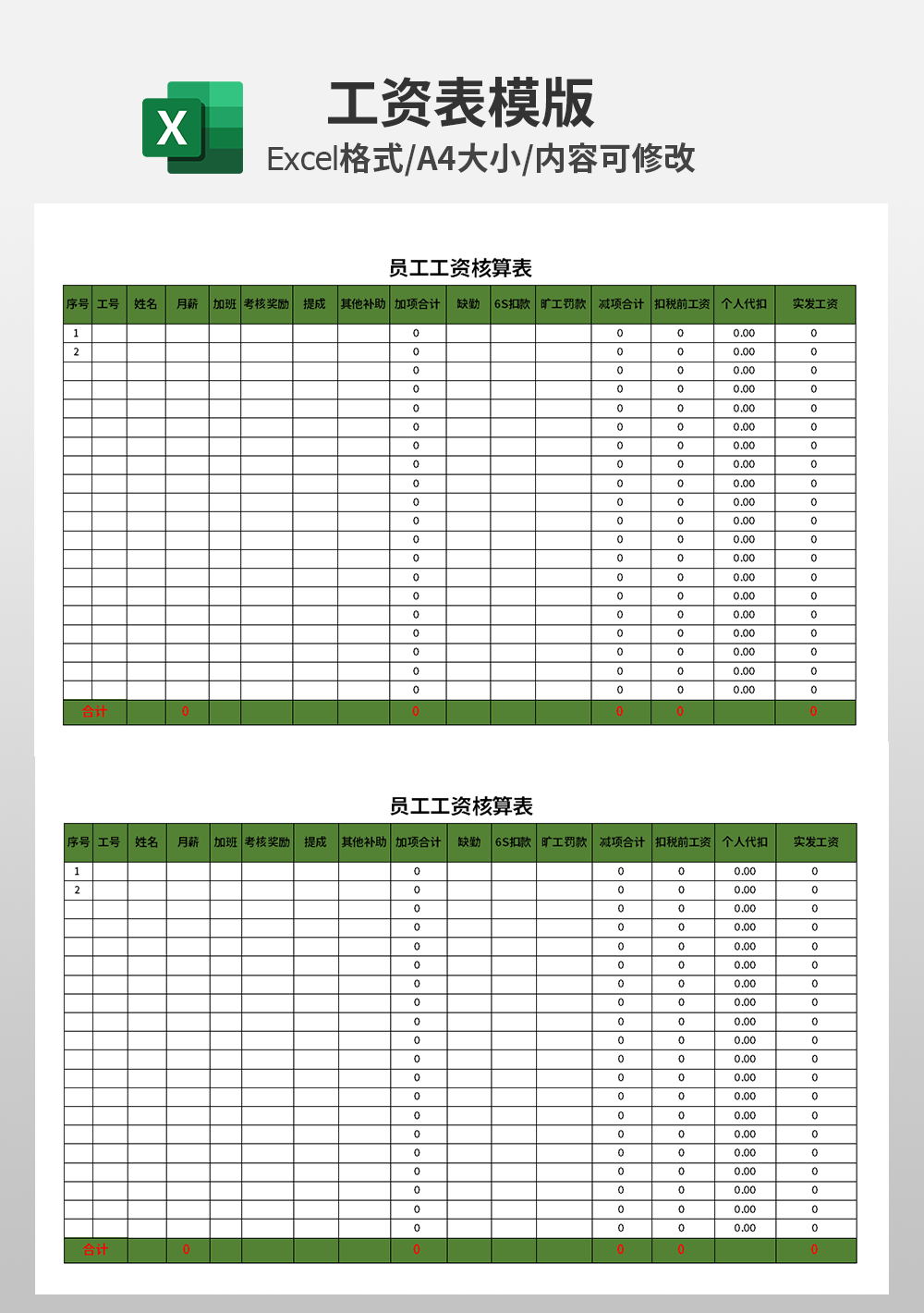 员工工资核算表模板